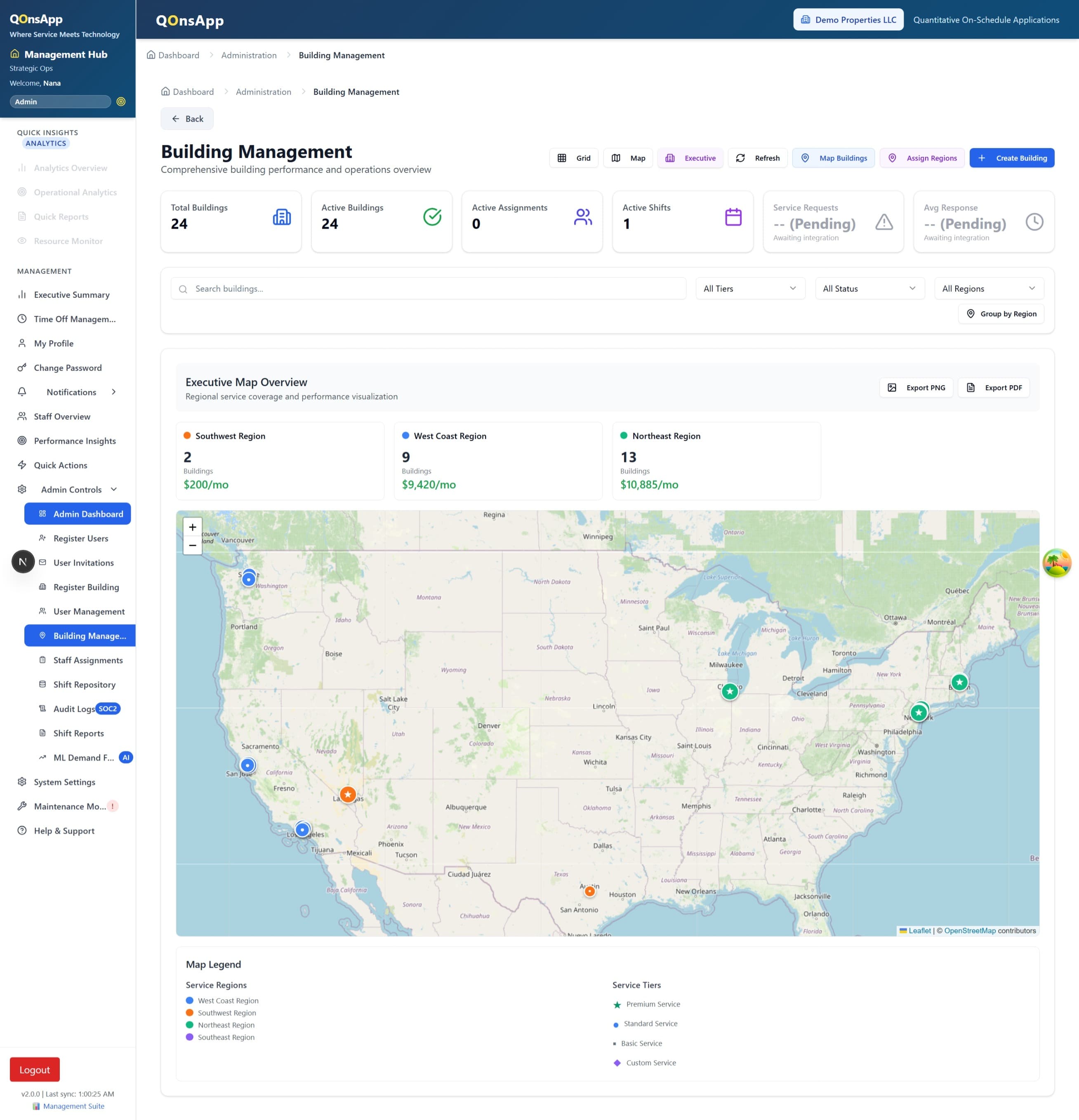 Map view showing multiple managed properties with live status indicators in the QonsApp dashboard