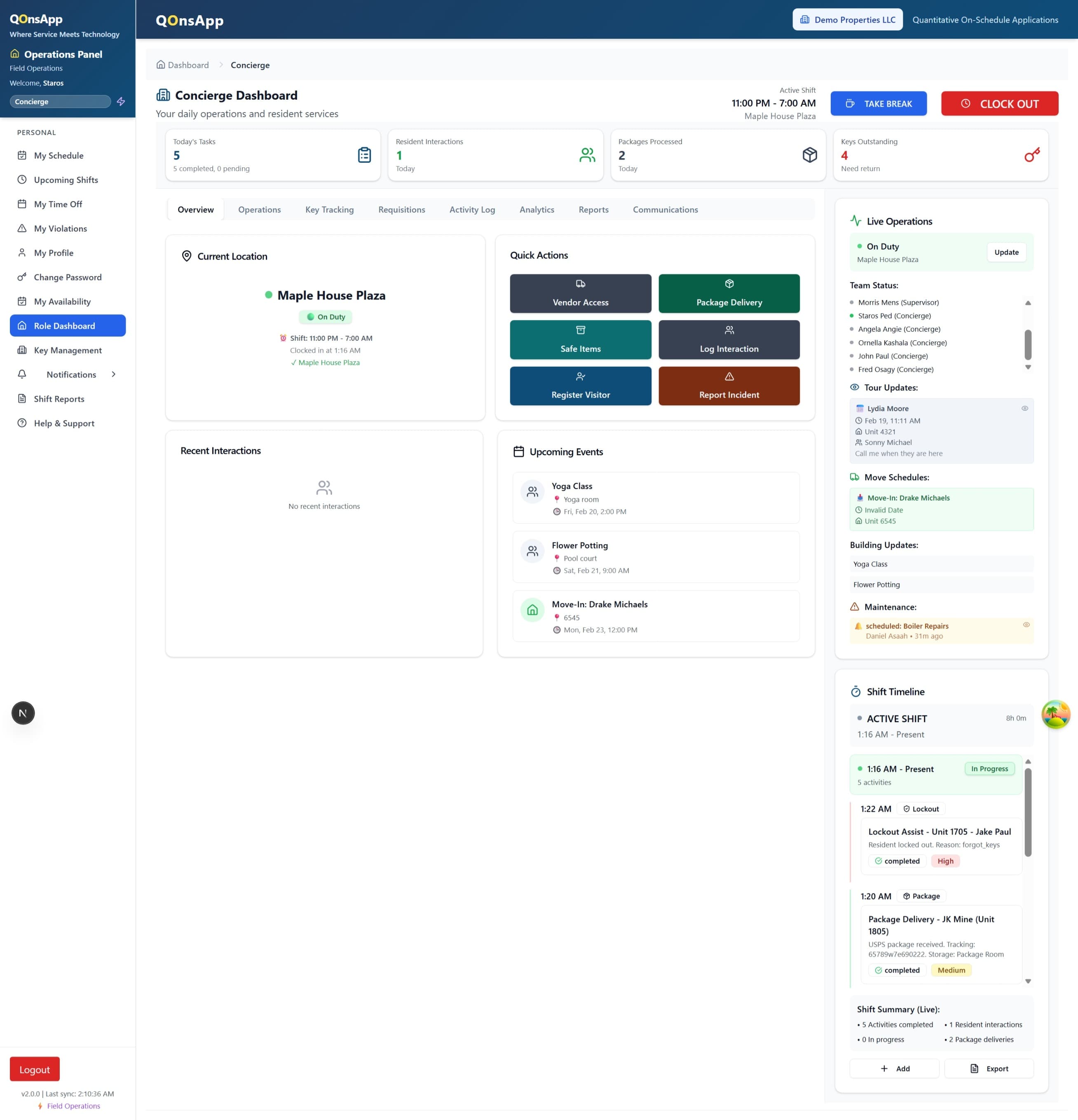 Dashboard displaying a weekly amenity booking calendar with gym, pool, and lounge reservations across multiple properties