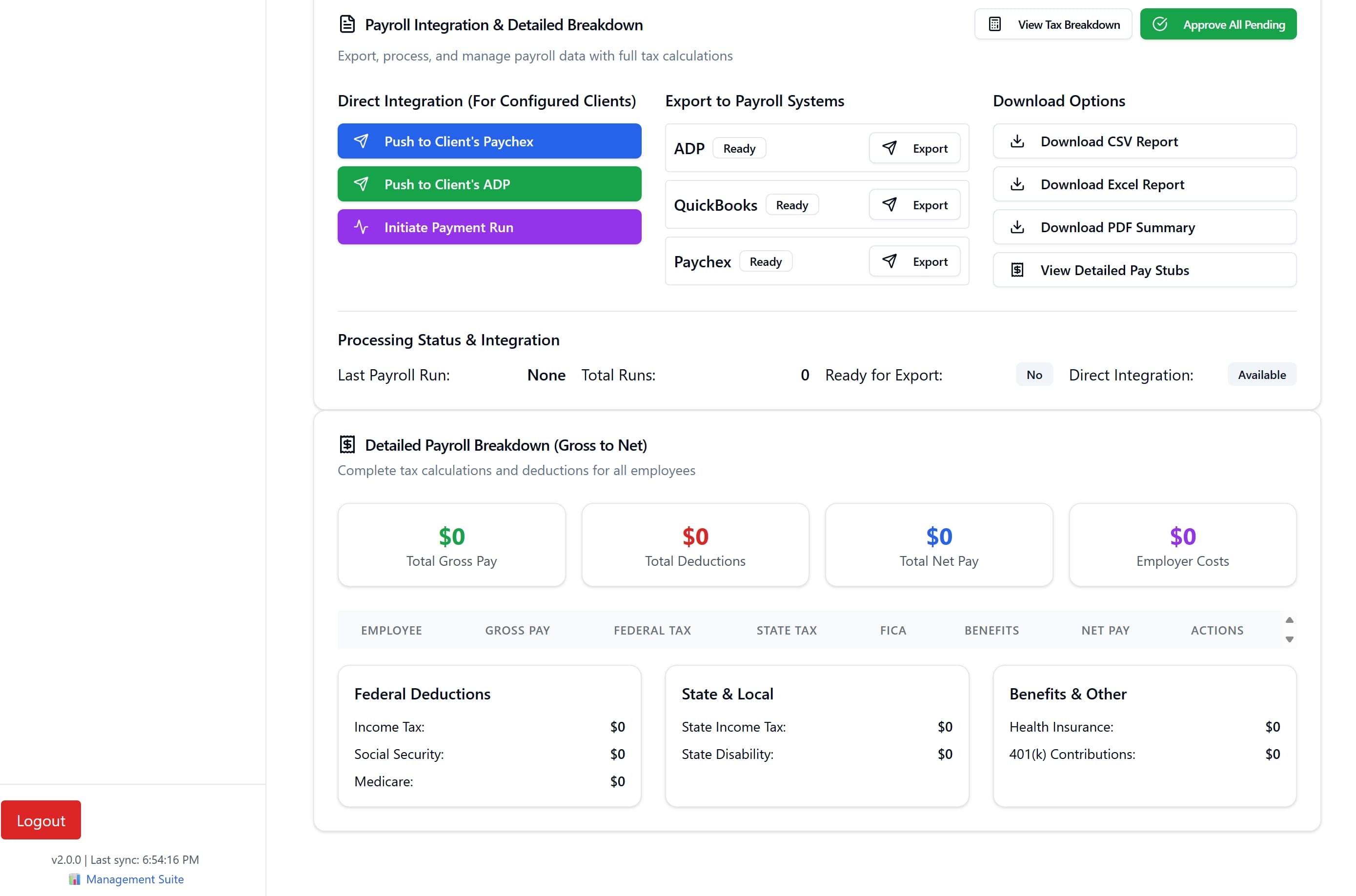 Dashboard showing payroll export options for a multi-property concierge operation with timesheet approval status and provider selection.